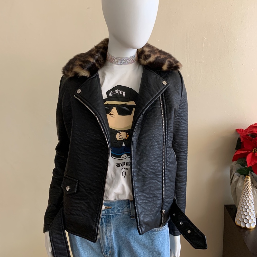New Look Faux Leather Jacket with Faux Fur Collar